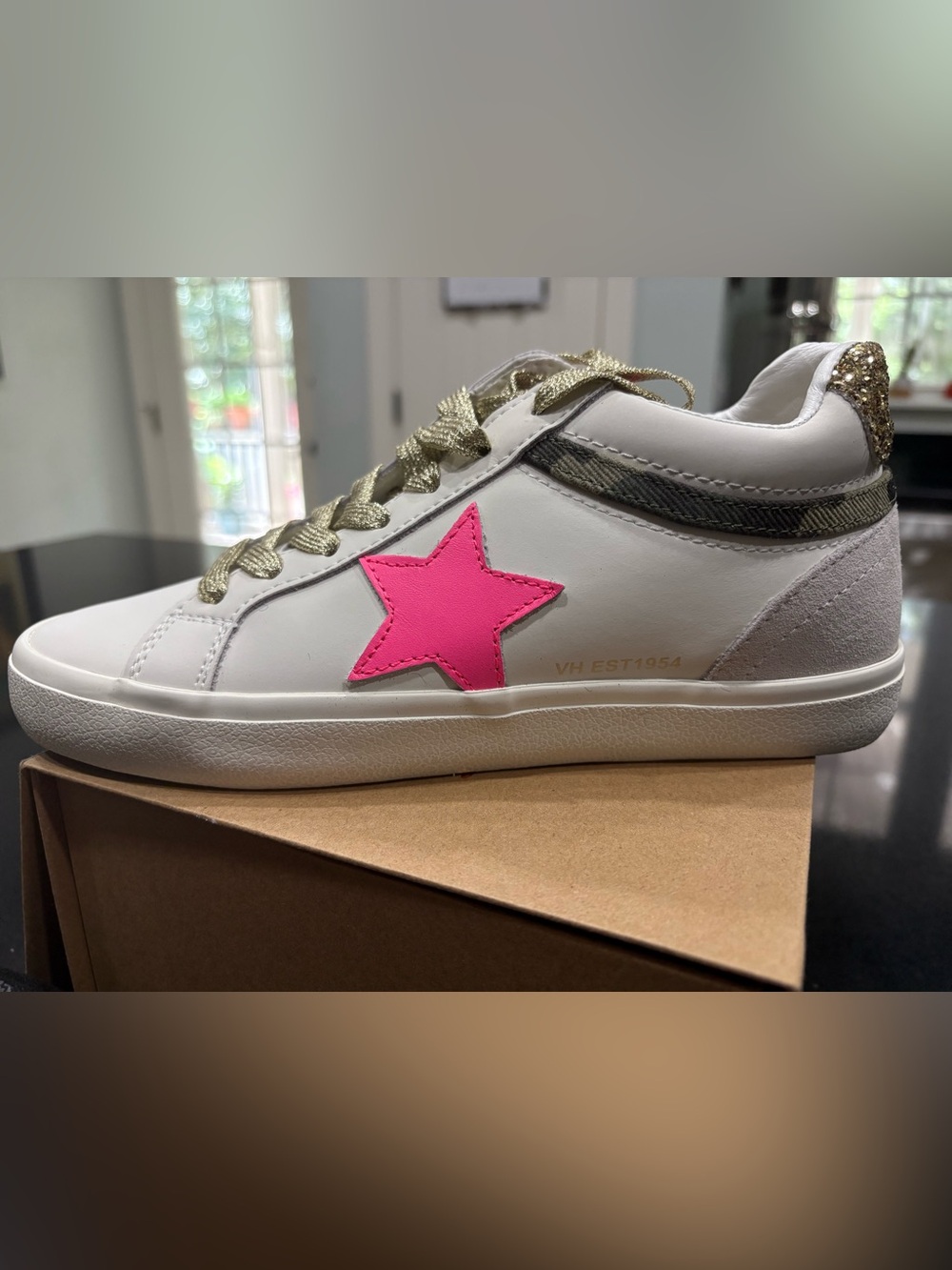 Vintage Havana White Sneakers with Hot Pink Star and Gold Laces